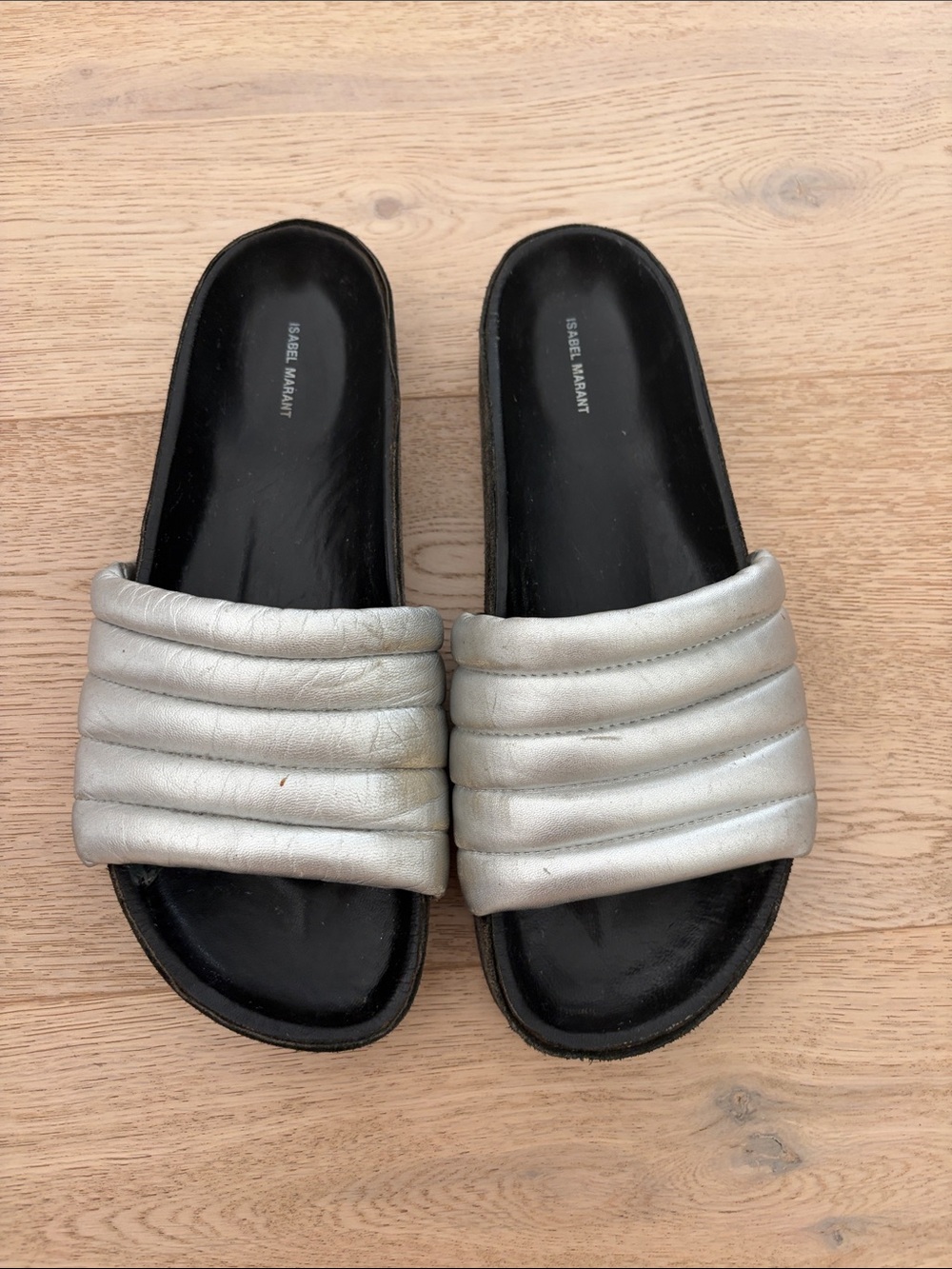 Isabel Marant Metallic Silver Quilted Slide Mules